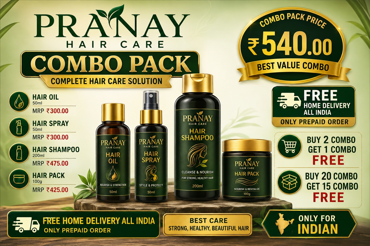 PLP Pranay Hair Care Combo Pack is a premium 4-step hair care solution specially designed for Indian customers. This combo includes Hair Oil 50ml (Dropper), Hair Spray 50ml, Hair Shampoo 200ml (Black Golden Pump Bottle), and Hair Pack 100g (Black Cap Flat Jar). It is made to support a complete hair care routine in one value pack. - Image 3